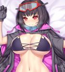  1girl @_@ asamura_hiori bangs bikini black_bikini black_gloves black_hair black_jacket blue_scarf blush breasts breasts_outside cleavage closed_mouth fate/grand_order fate_(series) gloves goggles goggles_on_head heavy_breathing highres jacket large_breasts long_hair looking_at_viewer low_twintails lying navel o-ring on_back open_clothes open_jacket osakabe-hime_(fate/grand_order) osakabe-hime_(swimsuit_archer)_(fate) red_eyes scarf ski_goggles smile solo swimsuit tearing_up twintails very_long_hair 