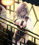  1girl absurdres azur_lane bangs blush braid breast_rest breasts choker cleavage collarbone commentary_request eyebrows_visible_through_hair flower hair_between_eyes hair_flower hair_ornament highres lamp large_breasts looking_at_viewer red_eyes short_hair short_sleeves sirius_(azur_lane) solo sun_miru thighhighs white_hair white_legwear 