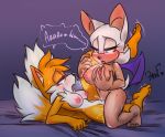  &lt;3 &lt;3_eyes 2_tails big_breasts blush bodily_fluids breast_size_difference breasts canid canine chiropteran crossgender cum dialogue english_text female fox genital_fluids hi_res krazyelf mammal miles_prower multi_tail nipples open_mouth rouge_the_bat sex sonic_the_hedgehog_(series) tears text tribadism vaginal wings 