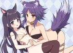  2girls aki_makoto animal_ear_fluff animal_ears argyle argyle_background bangs bare_arms bare_shoulders bikini bikini_top black_bikini blue_background blunt_bangs blush bottomless breasts brown_bikini brown_eyes brown_legwear cleavage closed_mouth collarbone commentary_request eyebrows_visible_through_hair groin kirihara_kasumi kneeling long_hair looking_at_viewer mauve medium_breasts multiple_girls o-ring o-ring_top open_mouth princess_connect! princess_connect!_re:dive purple_eyes purple_hair small_breasts swimsuit tail thighhighs very_long_hair wolf_ears wolf_girl wolf_tail 