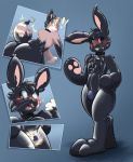  ! 2020 absurd_res anthro black_body black_collar black_sclera blue_background blush buckteeth bulge collar digital_drawing_(artwork) digital_media_(artwork) fur glistening helixjack hi_res lagomorph leporid lock long_ears looking_back male mammal markings multicolored_body multicolored_fur multicolored_tail nude open_mouth pawpads pink_body pink_fur pink_nose pink_pawpads rabbit rubber sequence sigmaw simple_background solo species_transformation standing striped_tail stripes surprise teeth transformation two_tone_body two_tone_fur zipper 