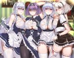  4girls anchor_choker apron arm_guards arms_behind_head arms_up azur_lane bangs bare_shoulders belfast_(azur_lane) black_dress black_gloves black_hairband black_legwear blue_dress blue_eyes blunt_bangs blush braid breast_press breasts broken broken_chain brooch center_frills chain choker cleavage closed_mouth collar collarbone deras dido_(azur_lane) dress dress_lift earrings elbow_gloves eyebrows_visible_through_hair french_braid frilled_choker frilled_gloves frills gloucester_(azur_lane) gloves hair_between_eyes hairband indoors jewelry lace-trimmed_hairband large_breasts lifted_by_self long_hair long_sleeves looking_at_viewer maid maid_headdress multiple_girls open_mouth pantyhose parted_lips puffy_short_sleeves puffy_sleeves purple_eyes purple_hair red_eyes short_hair short_sleeves side_braid silver_hair sirius_(azur_lane) sleeveless sleeveless_dress smile swept_bangs thighband_pantyhose thighhighs thighs underboob underboob_cutout waist_apron white_apron white_gloves white_hair white_legwear yellow_eyes 