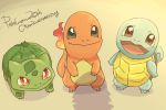  :d anniversary brown_eyes claws commentary_request creature english_text full_body gen_1_pokemon happy looking_up mizuto_(o96ap) no_humans open_mouth pokemon pokemon_(creature) red_eyes shadow smile 