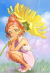  1girl bangs bird blue_sky closed_mouth cloud clover_hair_ornament collared_shirt day flower full_body go!_princess_precure green_eyes hair_ornament haruno_haruka holding holding_flower jj_(ssspulse) looking_at_viewer miniskirt orange_hair outdoors parted_bangs pink_skirt precure shiny shiny_hair shirt short_hair skirt sky sleeveless sleeveless_shirt smile solo squatting tied_hair white_shirt wing_collar yellow_flower 