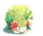  creature full_body gen_4_pokemon green_eyes legendary_pokemon lying mizuto_(o96ap) no_humans on_stomach one_eye_closed pokemon pokemon_(creature) shadow shaymin simple_background solo sparkle sunlight white_background 