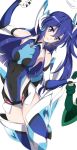 1girl bangs blue_eyes blue_footwear blue_gloves blue_hair blue_leotard boots commentary_request covered_navel elbow_gloves gloves headgear highres holding_hands kazanari_tsubasa kurihara_kenshirou leotard long_hair looking_at_viewer magical_girl one_side_up parted_lips senki_zesshou_symphogear smile solo_focus thigh_boots thighhighs white_background 