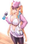  1girl adella_(some_some_convenience_store) animal_hat bare_shoulders baseball_cap blonde_hair blush bottle breasts breath cleavage curvy drink gbsn hair_ornament hair_scrunchie hand_on_hip hat highres holding holding_bottle hood hooded_jacket jacket large_breasts long_hair looking_at_viewer multicolored_hair navel nose_blush open_clothes open_jacket open_mouth pantyhose purple_eyes scrunchie solo some_some_convenience_store sports_drink standing star star_hair_ornament stomach streaked_hair sweat talesshop unzipped very_long_hair white_bikini_top wooden_floor zipper zipper_pull_tab 