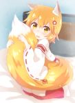  1girl animal_ear_fluff animal_ears apron araki495 bangs bed blonde_hair blurry blurry_background blush brown_apron brown_eyes commentary_request depth_of_field eyebrows_visible_through_hair fang flower fox_ears fox_girl fox_tail hair_between_eyes hair_flower hair_ornament hakama highres japanese_clothes kimono long_sleeves looking_at_viewer no_shoes on_bed open_mouth red_flower red_hakama ribbon-trimmed_sleeves ribbon_trim senko_(sewayaki_kitsune_no_senko-san) sewayaki_kitsune_no_senko-san socks solo tail tail_hug white_kimono white_legwear wide_sleeves 