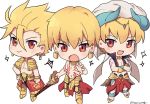  3boys archer_(fate/prototype) armor blonde_hair blush chibi ea_(fate/stay_night) earrings fate/grand_order fate/hollow_ataraxia fate/prototype fate_(series) gilgamesh gilgamesh_(caster)_(fate) greaves hat jewelry male_focus midriff multiple_boys multiple_persona necklace red_eyes shirtless tattoo uuruung vest 
