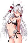  1girl amatsukaze_(kantai_collection) bikini black_bikini blush breasts brown_hair cowboy_shot eyebrows_visible_through_hair groin hair_between_eyes hair_tubes highres kantai_collection long_hair navel o-ring o-ring_bikini silver_hair simple_background small_breasts solo swimsuit takanashi_kei_(hitsujikan) two_side_up white_background windsock 