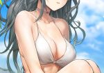  1girl blue_sky blurry blurry_background breasts choker cleavage cloud collarbone curly_hair day floating_hair girls_frontline greem_bang head_out_of_frame highres long_hair medium_breasts open_mouth outdoors shiny shiny_hair silver_hair sitting sky solo very_long_hair white_bikini_top 