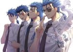  4boys alternate_costume animal animal_on_shoulder bespectacled blue_hair cigarette cu_chulainn_(fate)_(all) cu_chulainn_(fate/grand_order) cu_chulainn_(fate/prototype) cu_chulainn_alter_(fate/grand_order) dress_shirt earrings facial_mark fang fate/grand_order fate/prototype fate/stay_night fate_(series) formal fou_(fate/grand_order) glasses hair_down highres jewelry lancer long_hair male_focus multiple_boys multiple_persona necktie ponytail red_eyes shirt smoking sunglasses uuruung 