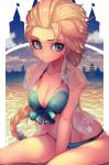  1girl alternate_costume between_legs bikini blonde_hair blue_bikini blue_eyes blue_sky blush boat border braid breasts castle cleavage cloud collarbone day elsa_(frozen) english_commentary eyeshadow forehead front-tie_bikini front-tie_top frozen_(disney) hair_ornament hand_between_legs happy highres kashu_(hizake) large_breasts long_hair looking_to_the_side makeup open_clothes open_shirt outdoors outside_border parted_lips partially_submerged ponytail see-through shiny shiny_hair shiny_skin short_sleeves single_braid sitting skindentation sky smile snowflake_hair_ornament snowflake_print solo swimsuit teeth tied_hair water watercraft white_border 
