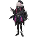  1girl assault_rifle belt_pouch beret cellphone desert_tech_mdr girls_frontline gloves glowstick grey_hair gun hat highlights jacket mdr_(girls_frontline) multicolored_hair official_art one_eye_closed pantyhose phone pink_hair pouch radio ran_(pixiv2957827) rifle shoes sneakers solo transparent_background watch weapon 