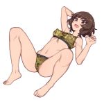  1girl akiyama_yukari bikini brown_eyes brown_hair camouflage camouflage_bikini commentary_request covered_nipples full_body girls_und_panzer highres looking_at_viewer lying messy_hair navel on_back onsen_tamago_(hs_egg) open_mouth ribs short_hair smile solo swimsuit white_background 