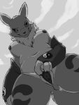  2019 anthro breasts canid canine digimon digimon_(species) female genitals greyscale hi_res low-angle_view mammal monochrome nipples presenting presenting_pussy pussy renamon rinzy solo spread_pussy spreading 