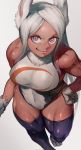  &gt;:) 1girl absurdres animal_ears artist_name bangs bare_arms bare_shoulders biceps boku_no_hero_academia breasts bunny_ears closed_mouth covered_navel dark_skin densen_(itoguchi) eyelashes forehead from_above fur_collar hand_on_hip highres leotard looking_at_viewer looking_up medium_breasts muscle muscular_female parted_bangs purple_eyes purple_legwear shiny shiny_clothes shiny_skin skindentation smile solo taut_clothes taut_leotard thick_thighs thighhighs thighs usagiyama_rumi v-shaped_eyebrows walking 