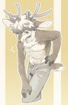  anthro antlers athletic biped brown_body brown_fur cervid clothed clothing fur hand_on_hip horn male mammal nipples smile solo standing topless utsuki_maito white_body white_fur 