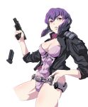  1girl absurdres breasts ghost_in_the_shell gun highres jacket koda1ra kusanagi_motoko open_clothes purple_hair short_hair simple_background solo weapon white_background 
