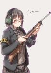  1girl absurdres armband ayyh black_hair ear_protection glasses gun highres holding holding_gun holding_weapon orange_eyes original school_uniform short_hair simple_background solo weapon weapon_request 