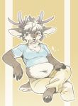  anthro antlers belly biped brown_body brown_fur cervid clothed clothing crossed_legs fur hooves horn male mammal midriff moobs navel sitting slightly_chubby smile solo utsuki_maito weight_gain white_body white_fur 
