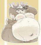  anthro antlers belly big_belly big_butt biped blush bodily_fluids brown_body brown_fur butt cervid fur hand_behind_head horn male mammal moobs navel nipples nude obese obese_male overweight overweight_male smile solo standing sweat thick_thighs tongue tongue_out utsuki_maito weight_gain white_body white_fur 