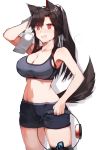  1girl :d @_@ alternate_costume animal_ears arm_up bangs bare_arms bare_shoulders bike_shorts black_hair black_shorts blush breasts cleavage collarbone commentary_request cowboy_shot drop_shadow eyebrows_visible_through_hair fang hair_between_eyes holding holding_towel imaizumi_kagerou joy-con kasuka_(kusuki) large_breasts long_hair looking_at_viewer midriff navel nintendo_switch nose_blush open_mouth red_eyes ring-con ring_fit_adventure short_shorts shorts simple_background skin_fang smile solo sports_bra standing stomach sweat tail tears thighs touhou towel white_background wolf_ears wolf_tail 