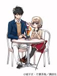  1boy 1girl black_eyes black_hair blazer blue_jacket cane chair chashiba_katase collared_shirt crazy_straw cup drinking_glass drinking_straw elbows_on_table food fruit full_body hands_clasped hat heart_straw highres iwanaga_kotoko jacket kyokou_suiri light_brown_hair long_pants medium_skirt orange orange_slice own_hands_together pants pantyhose purple_eyes red_skirt sakuragawa_kurou shirt shoes short_hair simple_background sitting skirt table white_background white_headwear white_pants 