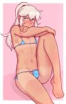  1boy artist_name bangs barefoot bikini blue_bikini blue_eyes blush bulge cody_(dross) crossed_arms dross eyebrows_visible_through_hair frown highres long_hair looking_at_viewer male_focus micro_bikini navel nose_blush original otoko_no_ko penis pink_background platinum_blonde_hair ponytail shorts_tan side-tie_bikini sitting stomach swimsuit tan tanline toned white_hair 