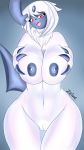  3_fingers absol anthro anthrofied big_breasts breast_squish breasts female fingers fur genitals hi_res nintendo nipples pok&eacute;mon pok&eacute;mon_(species) pussy simple_background solo squish video_games white_body white_fur zelue 