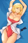  1girl armpits arms_up bare_arms bare_hips bed_sheet black-framed_eyewear blonde_hair blue_eyes breasts casual_one-piece_swimsuit cleavage collarbone commentary_request covered_navel eyewear_removed from_above groin gundam large_breasts looking_at_viewer lying mobile_suit_gundam off_shoulder on_back on_bed one-piece_swimsuit open_clothes parted_lips red_swimsuit sayla_mass short_sleeves smile solo strapless strapless_swimsuit sunglasses swimsuit swimsuit_under_clothes tsuki_suigetsu 