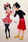  1boy 1girl :d black_eyes black_hair black_legwear character_name chihiro_howe closed_mouth commentary couple disney double_bun english_commentary eye_contact flat_chest flower full_body gloves hair_ribbon happy hetero highres holding holding_flower looking_at_another looking_to_the_side mickey_mouse minnie_mouse open_mouth pantyhose personification polka_dot_ribbon red_ribbon red_shorts ribbon shoes short_hair shorts smile standing traditional_media white_gloves yellow_footwear 