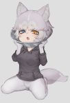  1girl animal_ear_fluff animal_ears bangs black_hoodie blue_eyes dog_(mixed_breed)_(kemono_friends) dog_ears dog_girl dog_tail drawstring elizabethan_collar eyebrows_visible_through_hair fang gloves grey_background grey_hair heterochromia hood hood_down hoodie kemono_friends long_sleeves looking_at_viewer multicolored_hair nyifu open_mouth pantyhose short_hair simple_background sitting solo tail two-tone_hair white_gloves white_hair white_legwear yellow_eyes 