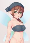  1girl :o bandeau bangs bare_shoulders black_headwear blue_wings breasts brown_hair cleavage commentary_request earrings fairy_wings green_eyes grey_background hair_over_shoulder highres ishuzoku_reviewers jewelry long_hair medium_breasts navel open_mouth pointy_ears putchers simple_background solo strapless tubetop upper_body wings 