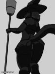  2019 anthro broom camel_toe canid canine clothed clothing female greyscale hi_res looking_at_viewer looking_back mammal monochrome rear_view rinzy signature solo 