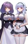  2girls apron azur_lane bangs bare_shoulders black_dress black_hairband black_skirt blunt_bangs blush bracelet breasts character_request closed_mouth corset dido_(azur_lane) dress earrings eternity_(pixiv8012826) eyebrows_visible_through_hair eyes_visible_through_hair frilled_skirt frills gloucester_(azur_lane) hair_over_one_eye hairband hand_on_own_chest highres jewelry juliet_sleeves large_breasts long_sleeves looking_at_viewer miniskirt multiple_girls own_hands_together pink_eyes puffy_sleeves purple_hair shirt short_hair silver_hair simple_background skindentation skirt sleeveless sleeveless_shirt smile thighhighs two-tone_background underboob underboob_cutout v-shaped_eyebrows waist_apron white_apron white_background white_legwear white_shirt yellow_eyes zettai_ryouiki 