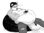  ... 4:3 anthro bean_bag beanie belly big_belly bottomwear canid canine canis claws clothed clothing controller fur game_controller gaming greyscale hat headgear headwear holding_controller holding_game_controller holding_object jeans male mammal monochrome moobs navel nipples obese obese_male overweight overweight_male pants playing_videogame reclining simple_background solo speech_bubble squish topless torn_bottomwear torn_clothing torn_jeans torn_pants white-ryce white_background wolf 