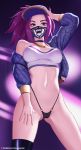  1girl ahnei akali baseball_cap bikini black_bikini_bottom black_choker black_legwear blue_jacket breasts cameltoe choker covered_nipples cowboy_shot eyeshadow hand_on_own_head hand_on_own_thigh hat highres jacket jewelry k/da_(league_of_legends) k/da_akali league_of_legends long_hair looking_at_viewer makeup mask medium_breasts micro_bikini navel necklace no_pants o-ring o-ring_bikini open_clothes open_jacket ponytail purple_eyeshadow purple_hair single_bare_shoulder single_thighhigh solo stomach swimsuit thighhighs yellow_eyes 