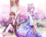  2girls against_tree brown_eyes brown_hair cherry_blossoms dress feng_you grey_eyes luo_tianyi multiple_girls pink_hair sitting standing tree umbrella vocaloid vsinger yuezheng_ling 