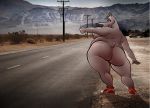  anthro big_butt breasts butt casual_nudity clothing dreamworks female footwear footwear_only gloria_the_hippopotamus grey_body hippopotamid huge_butt jackajack21 looking_at_viewer looking_back madagascar_(series) mammal mostly_nude outside overweight photo_background shoes shoes_only smile solo story story_in_description wide_hips 