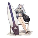  1girl ak-12_(girls_frontline) alternate_costume bangs barefoot bikini black_ribbon braid brain_freeze breasts closed_eyes closed_mouth copyright_name cup curly_hair drinking_glass duoyuanjun eating feet_up food french_braid girls_frontline head_tilt holding holding_cup holding_spoon ice_cream jacket leaning long_hair long_sleeves medium_breasts official_art outdoors ribbon sand shaved_ice sidelocks silver_bikini silver_hair solo spoon squiggle strap surfboard swimsuit thighs toeless_legwear transparent_background very_long_hair weapon_bag 