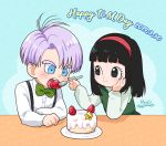  1boy 1girl 2019 bangs black_eyes black_hair blue_background blue_eyes blunt_bangs blush bow bowtie buttons cake child clenched_hand collared_shirt cream dated dot_nose dragon_ball dragon_ball_super dragon_ball_z_kami_to_kami dress dress_shirt elbow_rest english_text eyebrows_visible_through_hair eyelashes feeding food fork formal fruit green_dress green_neckwear hairband hand_on_own_cheek hand_on_own_face happy hime_cut holding holding_fork kalno long_sleeves looking_at_another mai_(dragon_ball) medium_hair open_mouth plate purple_hair red_hairband shiny shiny_hair shirt signature simple_background sleeveless sleeveless_dress smile smiley_face strawberry striped striped_background suspenders table teeth trunks_(dragon_ball) white_shirt 