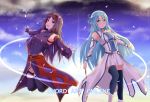  2girls :d asuna_(sao-alo) bangs blue_eyes blue_hair blue_legwear braid breastplate cape closed_mouth covered_navel crown_braid detached_sleeves eyebrows_visible_through_hair fingerless_gloves floating_hair gloves hair_between_eyes hair_intakes headband holding holding_wand leotard long_hair long_sleeves looking_at_viewer miniskirt multiple_girls open_mouth outdoors outstretched_arms outstretched_hand pleated_skirt pointy_ears purple_cape purple_gloves purple_hair purple_legwear purple_leotard purple_sleeves red_eyes red_headband shiny shiny_hair skirt smile sword_art_online thighhighs very_long_hair waist_cape wand white_skirt white_sleeves yoruciel yuuki_(sao) zettai_ryouiki 
