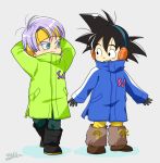  2boys arms_at_sides arms_behind_head black_eyes black_footwear black_gloves black_hair blue_coat blue_eyes blush boots brown_footwear clothes_writing coat collar_up collared_coat dot_nose dragon_ball dragon_ball_super_broly dragon_ball_z earmuffs full_body gloves green_coat grey_background hairband kalno looking_at_another looking_to_the_side male_focus multiple_boys open_mouth purple_hair shadow shiny shiny_hair signature simple_background smiley_face son_goten spiked_hair standing talking teeth trunks_(dragon_ball) twitter_username upper_teeth winter_clothes winter_coat yellow_hairband 