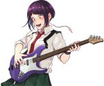  1girl bass_guitar blush boku_no_hero_academia collared_shirt commentary_request epaulettes green_skirt highres instrument jirou_kyouka kobaji looking_down necktie open_mouth pleated_skirt purple_hair red_nails red_neckwear revision school_uniform shirt short_hair simple_background skirt sleeves_rolled_up sweat u.a._school_uniform white_background white_shirt 