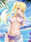  1girl absurdres akais bangs bikini blonde_hair blush breasts brown_eyes cleavage collarbone commentary fairy_tail hair_ornament hairclip highres large_breasts long_hair looking_at_viewer lucy_heartfilia navel outdoors ponytail purple_bikini purple_bikini_bottom purple_bikini_top smile solo swimsuit water 