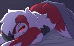  2020 anthro areola bed bedroom_eyes breasts butt digital_media_(artwork) female furniture looking_at_viewer lycanroc midnight_lycanroc narrowed_eyes nintendo nipples on_bed pinkcappachino pok&eacute;mon pok&eacute;mon_(species) seductive smile solo video_games 