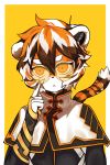  amber_eyes anthro arknights black_body black_fur black_hair black_nose clothed clothing dragonfox_g earpiece eyewear felid female fur glasses hair hi_res mammal multicolored_body multicolored_fur multicolored_hair orange_body orange_fur orange_hair pantherine short_hair simple_background solo striped_body striped_fur stripes tiger video_games waaifu white_body white_fur white_hair yellow_background 