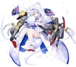  1girl animal_ears azur_lane cloak fan folding_fan full_body highres hood hooded_cloak japanese_clothes long_sleeves looking_at_viewer manjuu_(azur_lane) open_mouth purple_eyes rigging smile solo thighhighs transparent_background turret uranami_(azur_lane) white_eyelashes white_hair white_legwear wide_sleeves 