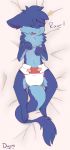  2020 anthro blue_body blue_fur diaper dreamyart english_text eyes_closed fur lying male multicolored_body multicolored_fur navel on_back open_mouth sergal solo text young 